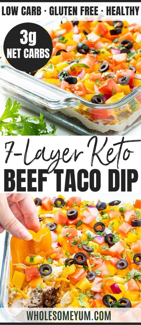 Keto Taco Dip, Beef Taco Dip, Taco Dip With Meat, Layer Taco Dip, 7 Layer Taco Dip, 7 Layer Dip Recipe, Layered Taco, Layered Dip Recipes, Taco Dip Recipe