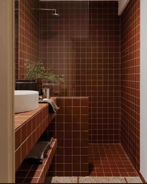 Earthy Terracotta Bathroom, Tiled Ceiling Shower Ideas, Wet Room Bathroom With Toilet, Single Tile Bathroom Design, Bathroom 60s Style, Brown Moody Bathroom, Soho House Bathroom Interior Design, Bathroom Tiles Brown, Burnt Orange Tile Bathroom