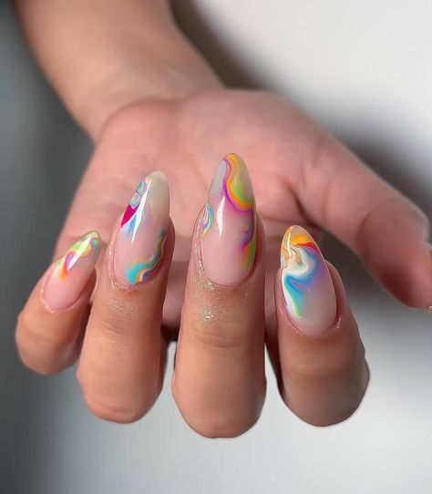 Edgy Nail Art, Short Round Nails, Swirl Nail Art, Polka Dot Nail Art, Marble Nail Designs, Marble Nail, Colorful Nail, Marble Nail Art, Edgy Nails