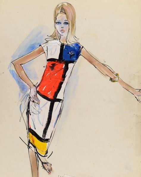 The Mondrian Dress that did it for Yves St Laurent! Stunning 1965 original drawing by Paris based Illustrator Irwin 'Bud' Crosthwait (1914-… Mondrian Dress, Vintage Fashion Sketches, Fashion Illustrators, Ysl Fashion, Yves St Laurent, Kawaii Clothes Goth, Ysl Saint Laurent, St Laurent, Fashion Illustration Vintage