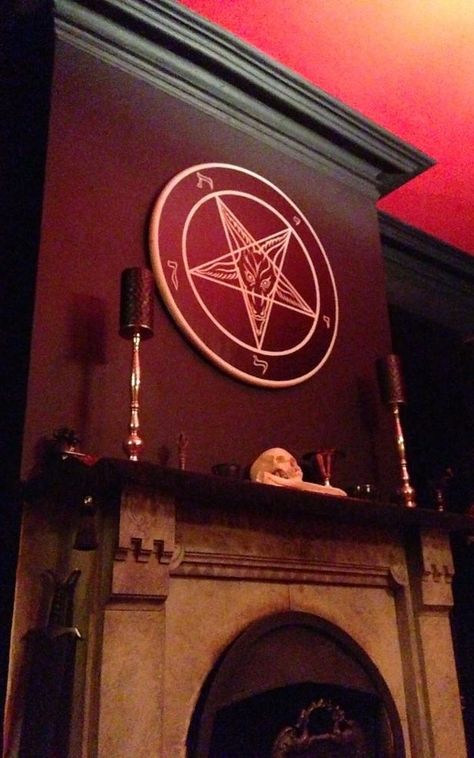 Fireplace in the ritual chamber of the New Black House. The Satanic Bible, Inverted Pentagram, What Is Halloween, Black Magick, Goth Home, Goth Home Decor, Goth Decor, Bedroom Red, Witch House