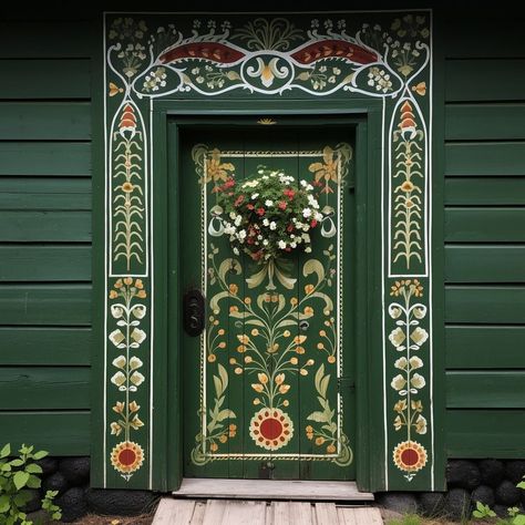 Cabinet Door Stencils, Painted Doors Interior Creative Fun, Mural Door Painted, Painted Gate Ideas, Art Moderne Architecture, Folk Art Wall Painting, Hand Painted Folk Art Furniture, Flowers Painted On Door, Swedish Painted Furniture Folk Art