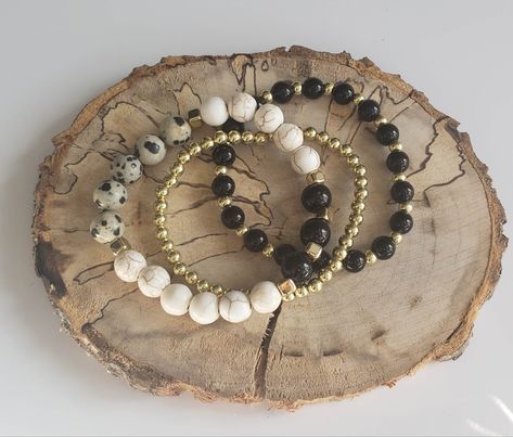 Dalmatian Stack - Balance by WithLoveNani on Etsy Beaded Bracelets Black, Gold Beaded Bracelets, Blessing Beads, Bracelets Black, Howlite Bracelet, Dalmatian Jasper, Jewelry Making Necklace, Black Bracelet, Beads Bracelet Design