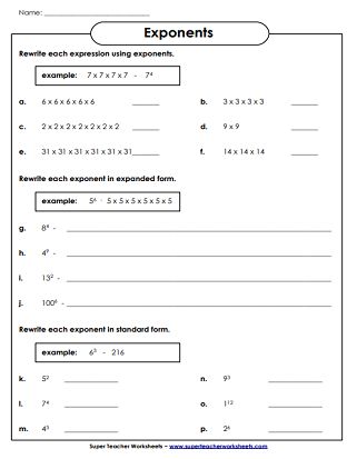 Exponent Worksheets Grade 5, Exponents And Powers Worksheets, Basic Math Worksheets, Ged Math, 7th Grade Math Worksheets, Worksheet Math, Exponent Worksheets, 5th Grade Worksheets, Math Expressions