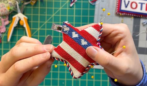 How to Finish Star Needlepoint Ornaments How To Finish Needlepoint Ornaments, Finishing Needlepoint Ornaments, Needlepoint Ornament Finishing, Stitch Stuff, Needlepoint Ornaments, Star Blocks, Fusible Interfacing, Needlepoint Pillows, Patriotic Wreath