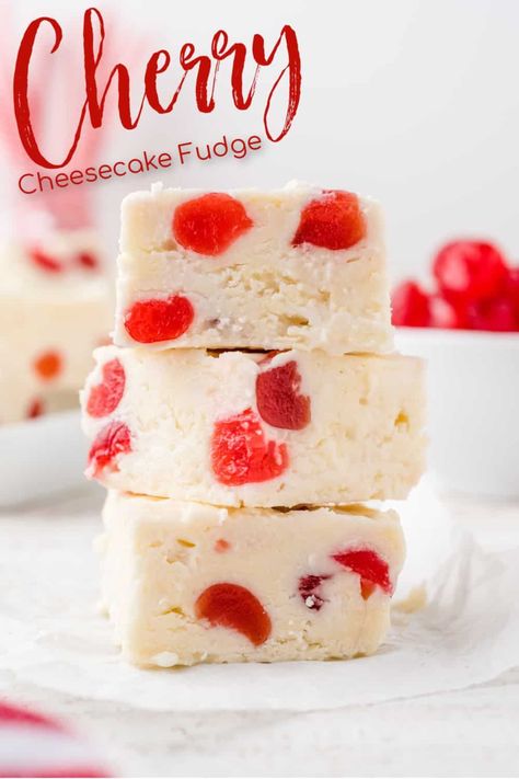 Cherry Cheesecake Fudge - Switch up your fudge game and start making THIS fudge for the holidays! Candied cherries are buried in premium white chocolate, and chilled to perfection. Creamy, rich, and decadent, this recipe is easy and addicting all at once. #fundge #cherry #cheesecake #valentinesday #christmas #holidays | See this and other delicious recipes at TheSeasideBaker.com Cherry Cordial Fudge Recipe, Amazing Fudge Recipes, White Chocolate Cherry Fudge, Flavored Fudge Recipes, Southern Christmas Candy Recipes, Creamy Fudge Recipes, Candy Recipes Homemade Easy, Cheesecake Fudge Recipe, Chocolate Cherry Fudge