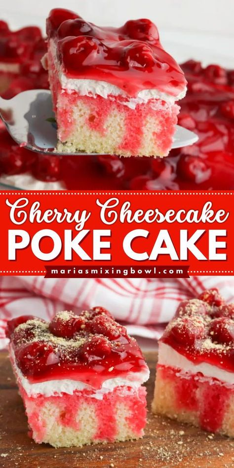 A simple dessert recipe to enjoy anytime! It's a Cherry Cheesecake Poke Cake. You'll love this easy-to-make sweet treat featuring a moist white cake with cherry gelatin, whipped topping, and cherry pie filling! Cherry Chip Poke Cake, Dessert Recipes With Cherries, Cherry Cheesecake Poke Cake, White Cake With Cherry Pie Filling, Christmas Cranberry Poke Cake, Easy Cherry Cheesecake, Cheesecake Poke Cake, Blueberry Glaze, Cherry Pie Filling Recipes