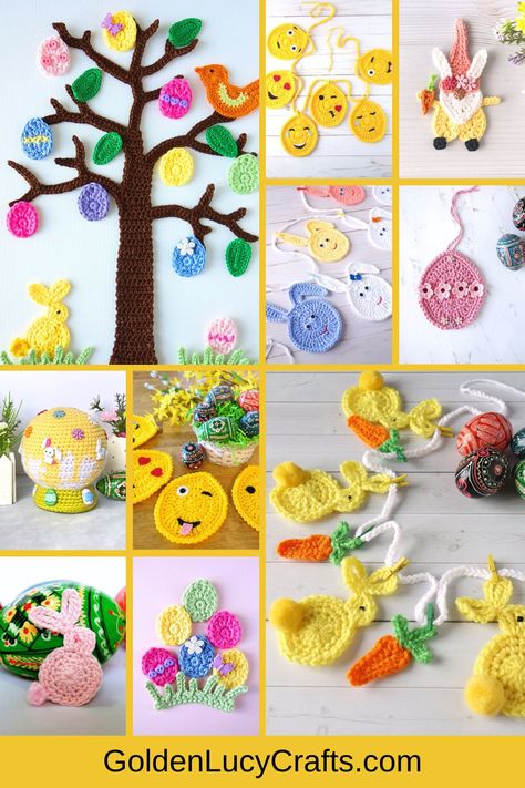 Photo collage of Easter crocheted items. Golden Lucy Crafts Crochet, Easter Unicorn, Tree Home Decor, Crafts Crochet, Crochet Easter, Easter Crochet Patterns, Tree Home, Cozy Crochet, Pattern Collection