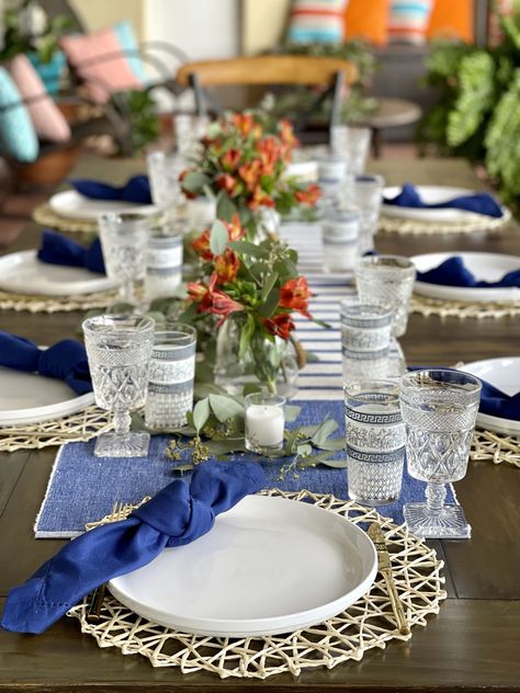 Greek Table Setting, Yacht Decorating Ideas, Mediterranean Tablescape, Greek Bedroom, Mediterranean Party, Woven Charger, Bamboo Flatware, Table Setting Ideas, Tiny Fairy