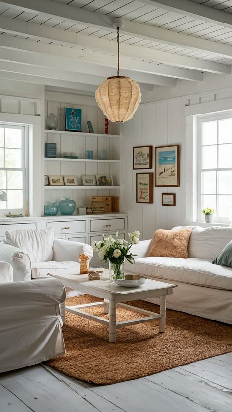 44 Coastal Living Room Ideas That Breathe Ocean Air East Coast Living Room, Beach Rental Decor, 70s Coastal, Coastal Living Rooms Ideas, Cozy Coastal Living Room, Beachy Apartment, Cozy Coastal Cottage, Coastal Cottage Living Room, Coastal Living Room Ideas