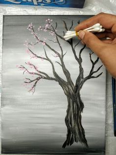 Painting a Cherry Blossom Tree with Acrylics and Cotton Swabs! Painting A Tree, Cherry Blossom Painting Acrylic, Tre Kunst, Cherry Blossom Painting, Cherry Blossom Art, Canvas Painting Tutorials, Easy Canvas Painting, Blossoms Art, Cotton Swabs