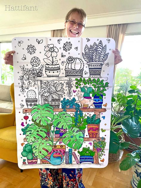 GIANT Poster | 'A Kitty on the Plant Shelf' - Hattifant Tangled Flower, Coloring Brush Pen, Giant Poster, Poster Color, Coloring Supplies, Printed Pages, Poster Colour, Plant Shelves, Colored Pens