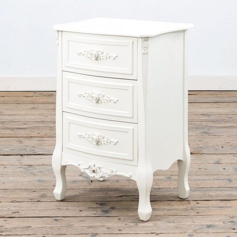 Vintage White Nightstand, White Gloss Bedroom Furniture, Painted Bedside Tables, White Bedroom Set Furniture, Country Bedroom Furniture, Mirrored Bedroom Furniture, White Chest Of Drawers, 3 Drawer Bedside Table, Rose Soft