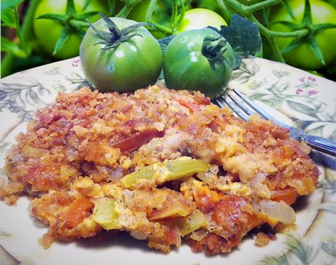 CLICK HERE TO DOWNLOAD OR PRINT RECIPE In the South, just about every good dish is fried - chicken, steak, pickles, and even green tomatoes! Here is a great dish for green tomatoes that is NOT fried, but has zesty Southern flavors. The Cajun Blend, Lemon Pepper, and Garlic Powder combine to give the green tomatoes an incredible flavor. Enjoy this as a terrific summer side dish or as a meal. It's so good, you may start loving green tomatoes as much as the red ones! Cajun Blend, Lemon Pepper Green Tomato Casserole Recipe, Green Tomato Casserole, Fried Green Tomatoes Recipe Easy, Tomato Casserole, Fried Green Tomatoes Recipe, Southern Greens, Green Tomato Recipes, Tomato Dishes, Summer Side Dish