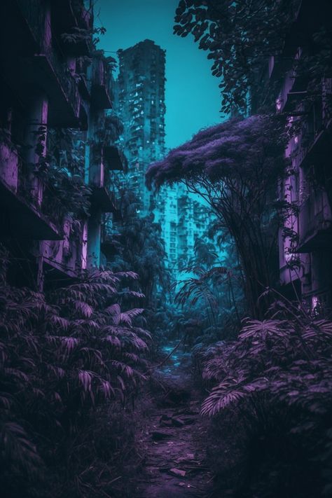 Cyberpunk Nature Aesthetic, Cyberpunk Nature, Future Background, Jungle City, Movie Ideas, Astronaut Wallpaper, Night City, Nature Aesthetic, Fantasy Landscape