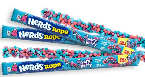 Very Berry Nerds® Rope from Wonka® is exactly the kind of candy one would expect Willy Wonka would dream up in his chocolate factory. The foot-long rope is made out of berry flavored, chewy, soft gummy, which is coated with tangy, tasty, colorful Nerds. Nerds Rope, American Candy, American Snacks, Nerds Candy, Hai Mai, Very Berry, Sour Candy, Kandy, Chocolate Factory