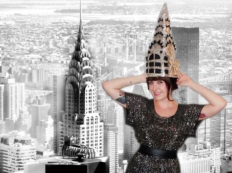 green design, eco design, sustainable design, DIY Halloween Costume, Chrysler Building Costume, Green Halloween, architecture costume, green... Architecture Costume, Building Costume, Broadway Christmas, Fantasy Friends, Wearable Architecture, Disney Jessie, New York Theme, Costume Green, Witches Hats