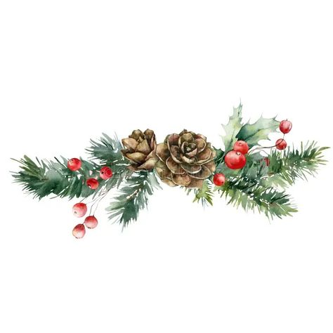 Watercolor Christmas bouquet of pine cone, red berries, branches and leaves. Hand painted holiday composition of plants vector illustration Watercolour Christmas Illustration, Pine Cone Painting, Holly Drawing, Watercolor Pine Branch, Christmas Plants Illustration, Watercolor Holly And Berries, Watercolor Winter Greenery, Christmas Berries Illustration, Holly Leaves And Berries Painting