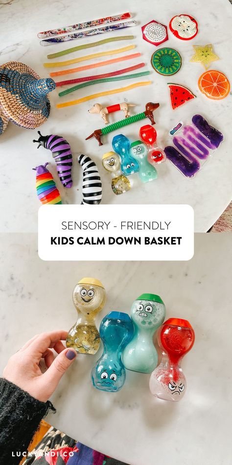 Sensory Calming Activities Classroom, Fidget Basket, Calm Down Basket, Calm Down Box, Sensory Fidgets, Calm Box, Sensory Sensitive, Calming Bottle, Sensory Space