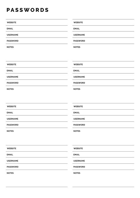 Ensure the security and organization of your passwords with this sleek black and white password keeper template. Designed for simplicity and efficiency, this template provides a clean and uncluttered layout for storing your login credentials. Each entry section includes fields for website names, usernames, passwords, and additional notes. Download now! Password Keeper, Website Names, Organize Your Life, Layout, Sleek, Social Media, Media, Black And White, Quick Saves