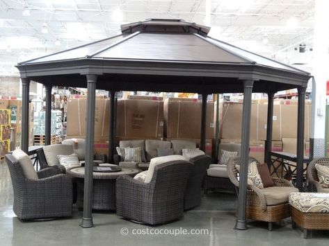 Octagonal Gazebo Costco 6 i want one!!!!! Octagonal Gazebo, Costco Gazebo, Metal Frame Gazebo, Gazebo Pictures, Hexagon Gazebo, Pergola Decorations, Backyard Structures, Garage Pergola, Aluminum Gazebo