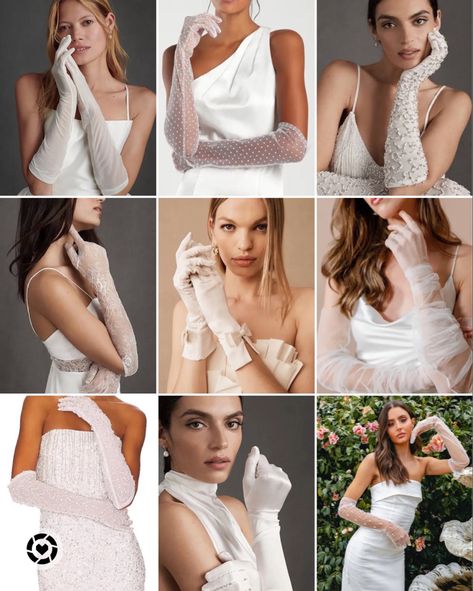 Square Neck Wedding Dress With Gloves, White Gloves Wedding, Wedding Dress With Gloves, Gown With Gloves, Square Neck Wedding Dress, Engagement Looks, Bride Gloves, Sheer Gloves, Dress With Gloves