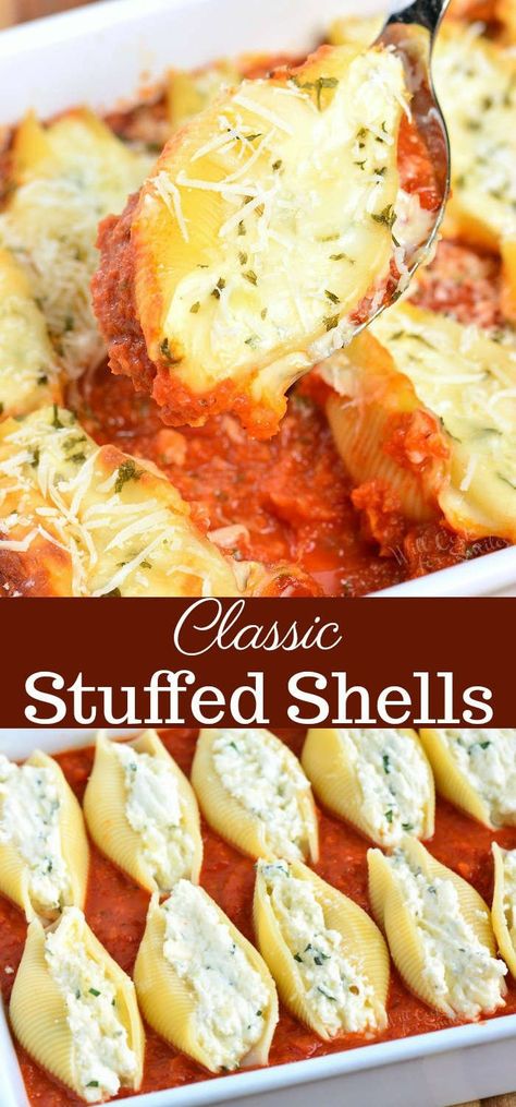 Classic Stuffed Shells - Make The Best Stuffed Shells For The Family Tortellini Pesto, Ricotta Stuffed Shells, Ricotta Filling, Stuffed Shells Ricotta, Homemade Marinara Sauce, Shells Recipe, Pasta Alfredo, Marinara Sauce Homemade, Stuffed Shells Recipe