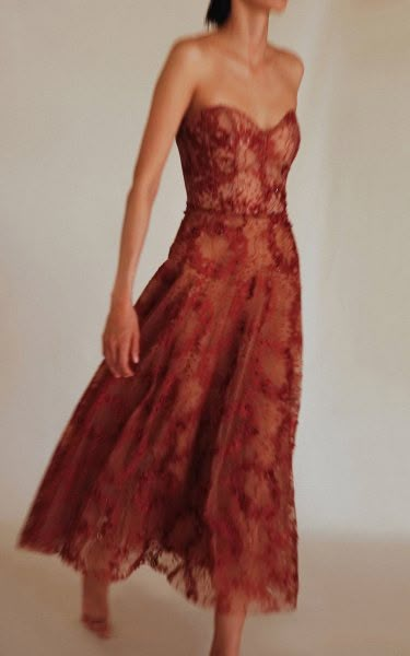 Women's Francesca Miranda Fall/winter 2023 Collection | Moda Operandi Indigenous Aesthetic, Corset Midi Dress, Embroidered Midi Dress, Strapless Corset, Ankle Length Dress, Guest Attire, Wedding Attire Guest, Guest Outfit, Silk Chiffon