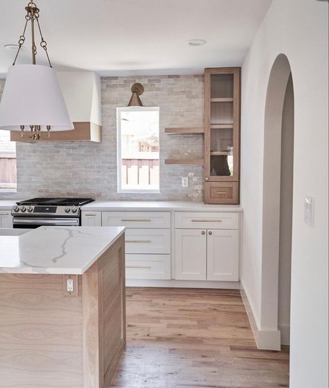 White Oak And Painted Kitchen Cabinets, Kitchen With Off White Cabinets, Colored Cabinets Kitchen, Kitchen Cabinets Light Wood, Sunset Kitchen, Painted Kitchen Cabinets, Off White Cabinets, White Oak Kitchen, Wood Kitchen Island