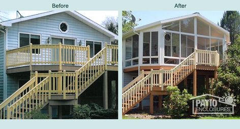 Three Season Sunroom Before & After Pic Building A Sunroom, Home Addition Before And After, 3 Season Sunroom, Three Season Porch, 3 Season Room, House Addition, Three Season Room, Patio Enclosures, Sunroom Designs