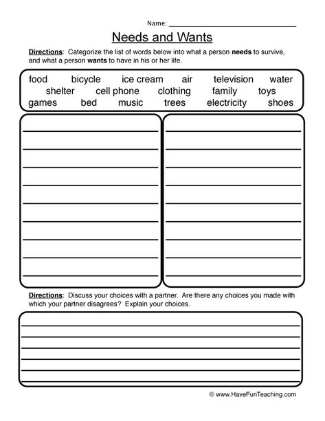 needs wants worksheet 1 Needs And Wants Worksheet, Worksheets For 3rd Grade, Needs Vs Wants, Teaching Money, Life Skills Lessons, Worksheets For Grade 3, Teaching Life Skills, Homeschool Social Studies, Needs And Wants