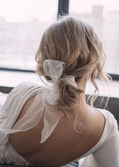 Low Wedding Ponytail, Bridal Hair Ribbon, Wedding Planning Spreadsheet, Organza Bow, Wedding Expenses, Elegant Wedding Hair, Wedding Hair Inspiration, Low Bun, Hair Ponytail