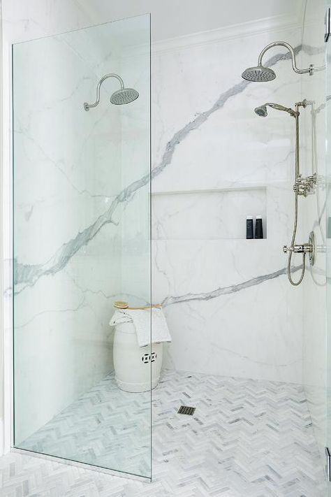 Marble herringbone shower floor tiles Herringbone Shower Floor, Bathroom With Marble, Marble Walls, Marble Showers, Shower Floor Tile, Master Shower, Master Bath Remodel, Bathroom Remodel Shower, Dream Bathrooms