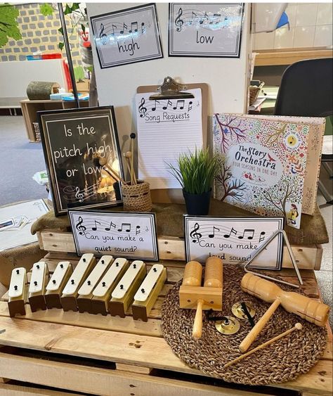 Music Provocation Preschool, Curiosity Approach Music Area, Curiosity Approach Creative Area, Early Years Provocations, Music Displays Classroom, Music Area Preschool, Settling In Activities Eyfs, Music Eyfs, Music Area Eyfs