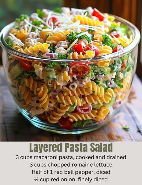 Layered Pasta Salad Layered Pasta Salad, Slow Cooker Spaghetti Sauce, Layered Pasta, Cheesesteak Stuffed Peppers, Slow Cooker Spaghetti, Potato Salads, Pasta Salad Ingredients, Macaroni Pasta, Layered Salad