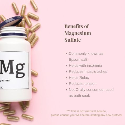 Magnesium Sulfate, another form of so potent mineral that is found in 300 different metabolic functions. Magnesium Sulfate: Commonly known as Epsom Salts used in soaking baths and not taken orally. At Rooted in Health we love Epsom salt + essential oil soaks for its relaxing properties (muscle ache, tension, insomnia) #health #education #coaching #learnmore #magnesium #supplement https://www.healthline.com/nutrition/epsom-salt-benefits-uses Epsom Salt Benefits, Salt Benefits, Magnesium Supplement, Magnesium Benefits, Magnesium Sulfate, Reduce Tension, Muscle Aches, Epsom Salt, Bath Soak