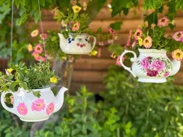 Tea Pots With Flowers In Them, Tea Pot Planter Ideas, Teapot Flower Pot, Tea Cup Garden Art, Unique Potted Plants, Tea Pot Garden Decor, Plants In Teapots, Teapot Planter Ideas, Teapots In The Garden