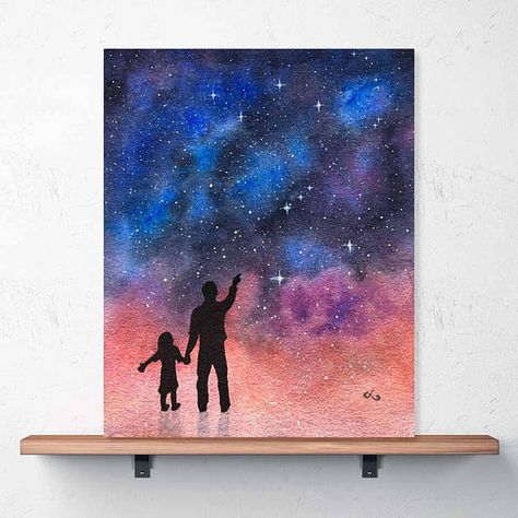 Father Daughter Art Print | Science Dad | Inspirational Dad | Astronomy Art | Kids Room Science Art Father Daughter Art, Father's Day Painting, Robin Girl, Astronomy Art, Simple Canvas Paintings, Canvas Painting Designs, Galaxy Art, Diy Canvas Art Painting, Kids Room Art