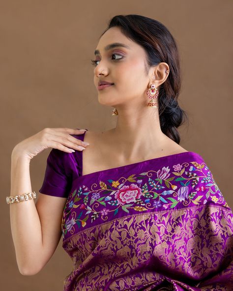 Enhance your elegance with this exquisite Purple Petit Point Kanjeevaram Silk Saree, featuring intricate floral hand embroidery designs that gracefully adorn the fabric. The deep, vibrant purple colour radiates sophistication, and embroidery along the borders drapes elegantly, ensuring you make a statement at any event. This saree beautifully blends traditional craftsmanship with modern style, making it a timeless piece for your collection. Purple Silk Saree, Kanjeevaram Silk Saree, Floral Hand Embroidery, Purple Colour, Vibrant Purple, Purple Silk, Hand Embroidery Designs, The Deep, Deep Purple