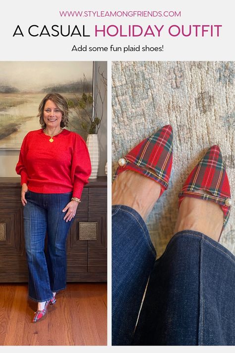 Stay stylish this holiday season -- we have something to wear for every event. 🎄✨⁠ Whether you're attending Thanksgiving dinner, going Christmas caroling, hosting a cocktail party, or ringing in the New Year, we've got you covered with 12 perfect outfits. Slip Skirt, Holiday Slip Skirt, Holiday Shoes, Plaid Shoes, Red Sweater Tartan Shoes Outfit, Breakfast With Santa Outfit Ideas, Plaid Shoes Outfit, Christmas Plaid Outfit, Christmas Closet, Red Sweater Outfit, Tartan Shoes, Christmas Caroling, Casual Holiday Outfits