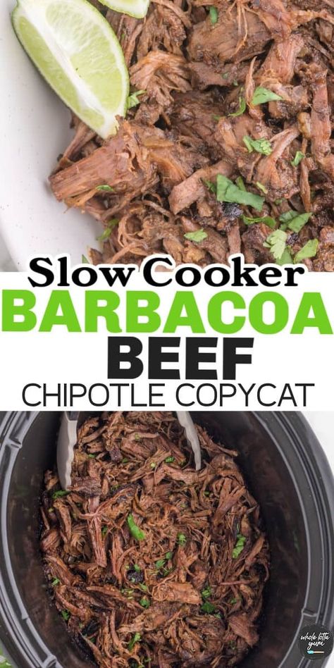 Enjoy tender and juicy barbacoa beef that's full of savory and spicy flavors. Marinated and slow-cooked in a blend of herbs and spices that infuse beautifully into the meat. Whether served over rice or in tacos and burritos, each bite is a delicious explosion. From the first to the last bite, slow-cooked barbacoa beef is a Whole Lotta Yum! Crock Pot Fajitas, Beef Chipotle, Barbacoa Crock Pot, September Dinner, Atkins Diet Food List, Chipotle Barbacoa, Whole Lotta Yum, Crockpot Foods, Chipotle Copycat