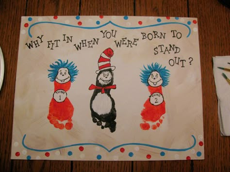 Footprint Crafts For Kids, Dr Seuss Art, Dr Seuss Characters, Baby Footprint Art, Dr Seuss Activities, Dr Seuss Crafts, Thing 1 And Thing 2, Seuss Crafts, Dr Seuss Week