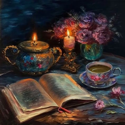 Whimsical Still Life, Magical Oil Painting, Teacup Oil Painting, Dark Still Life Painting, Teacup Painting Ideas, Candle Oil Painting, Candle Still Life, Candle Art Painting, Fantasy Oil Painting