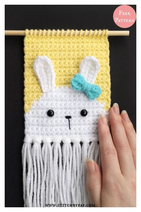 Mini Bunny Wall Hanging Free Crochet Pattern Easter Wall Hanging, Wall Hanging Crochet, Mini Christmas Stockings, Mini Bunny, Hanging Crochet, Crochet Wall Art, شال كروشيه, 4mm Crochet Hook, Easter Crochet Patterns