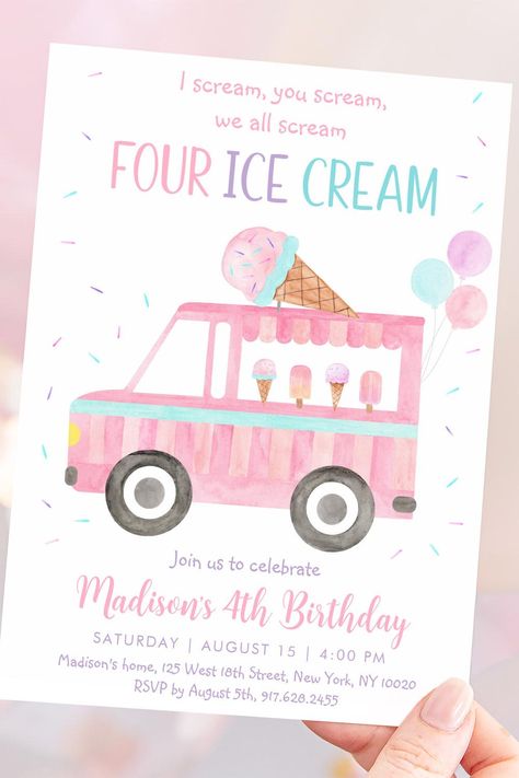 Pink Ice Cream Truck Fourth Birthday Invitation Sweet One Birthday, Summer Birthday Invitations, Modern Birthday, Fourth Birthday, Summer Birthday, Ice Cream Truck, Ice Cream Party, First Birthday Invitations, Party Design