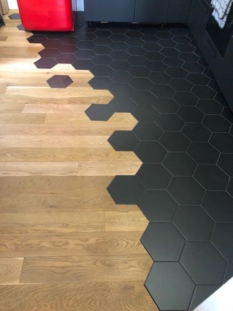 Hexagon Tile Into Wood Floor, Honey Comb Flooring, Types Of Flooring Ideas, Tile To Wood Transition, Modern Floor Tiles, Honeycomb Tile, Narrow House Designs, Tiles Marble, Creative Flooring