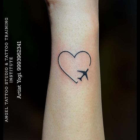 Heart with airplane tattoo design. #wanderlusttattoo #heartwithairplanetattoo #angeltattoostudioindore Plane And Heart Tattoo, Airplain Tattoo, Airplane Heart Tattoo, Airplane Tattoo Design, Traveller Tattoo, Tattoo On The Wrist, Black Heart Tattoos, Mum Tattoo, Airplane Tattoo