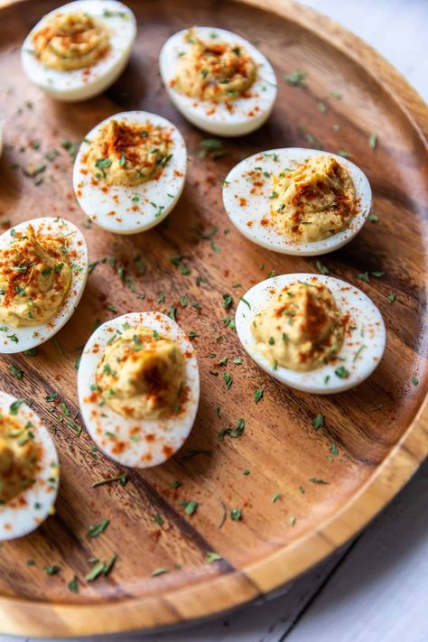 Deviled Eggs - omnomdelicious.com Dijon Deviled Eggs, Deviled Egg Toast, Elegant Deviled Eggs, Cheap Appetizers, Devilled Eggs, Gf Food, Deviled Egg Platter, Perfect Hard Boiled Eggs, Deviled Eggs Recipe