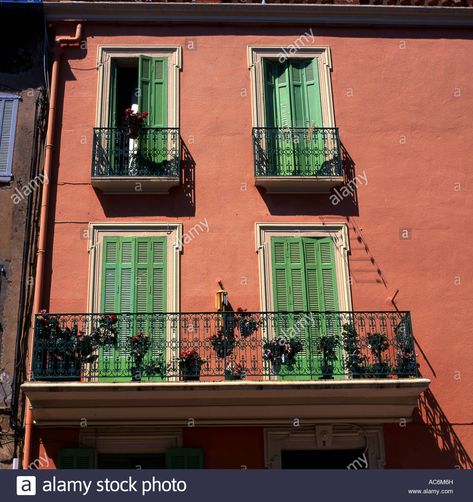 Rendered House, Green House Exterior, Green Shutters, House Colours, Rose House, Villas In Italy, Green Door, House Exteriors, Red House