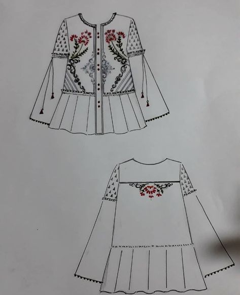 Kurti Design Drawing, Kurti Flat Sketch, Kurti Drawing, Kurti Sketch, Fashion Illustration Tutorial, Flat Drawings, Floral Print Jacket, Fashion Drawing Sketches, Fashion Illustrations Techniques